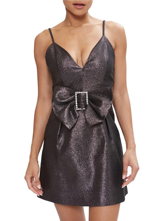 Ramy Brook Dresses & Skirts - Ramy Brook Ana Metallic Mini Dress Womens 8 Black Shiny Big Bow Crystal $495